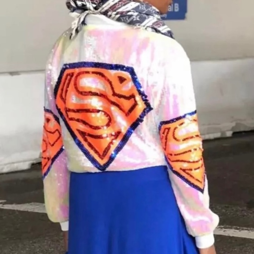 Sequin Logo Cropped Jacket in Iridescent White & Orange